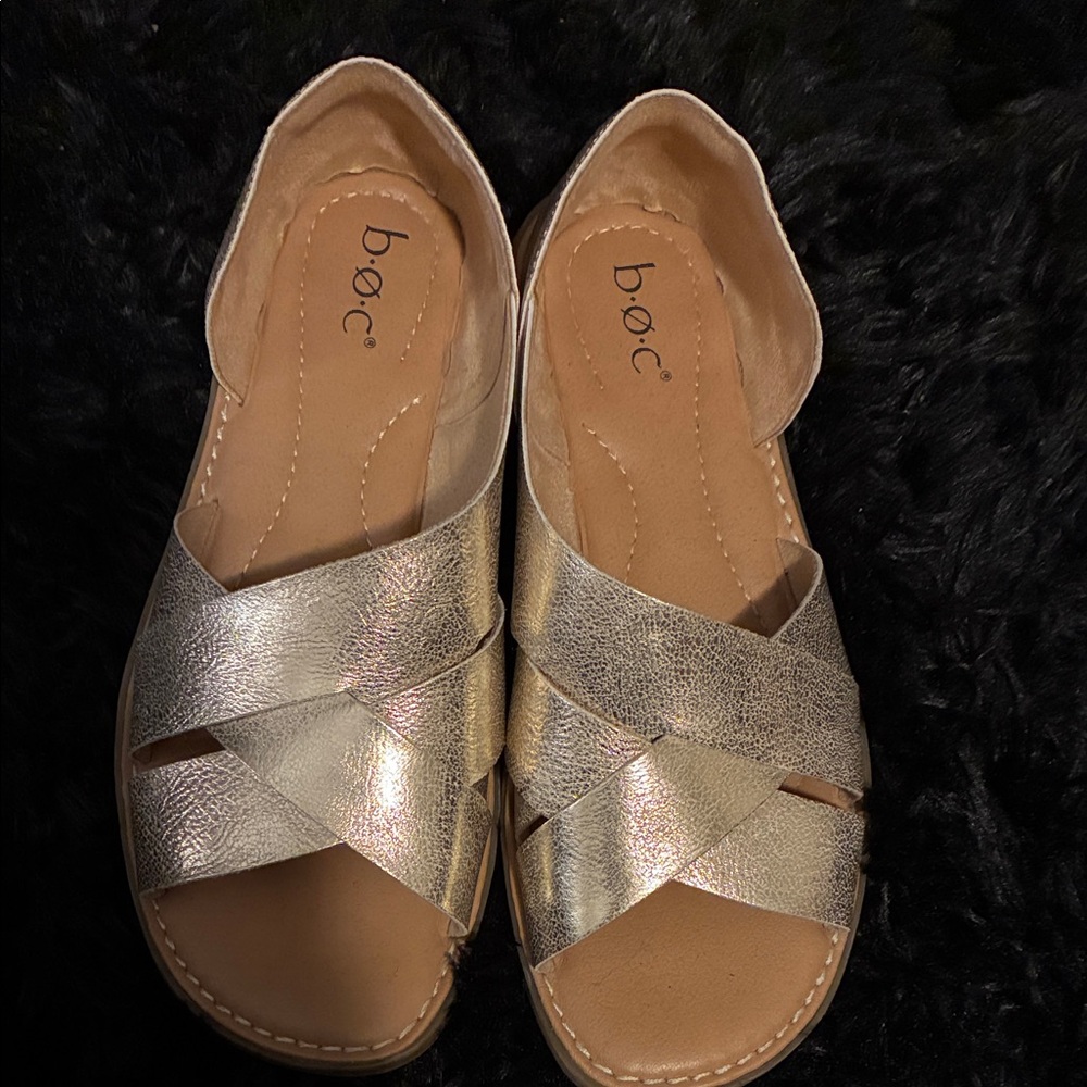 b.o.c. Metallic Gold Crisscross Slide Sandals